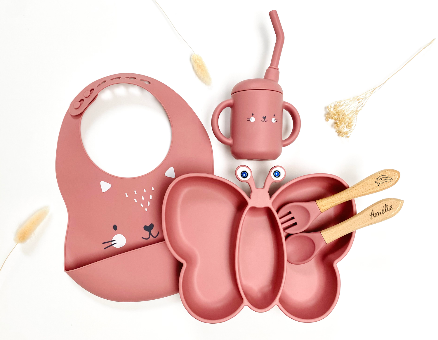 Veliki set za hranjenje Leptir – tanjur s priborom, podbradnjak i čaša sa slamkom | Les Petits Citrons