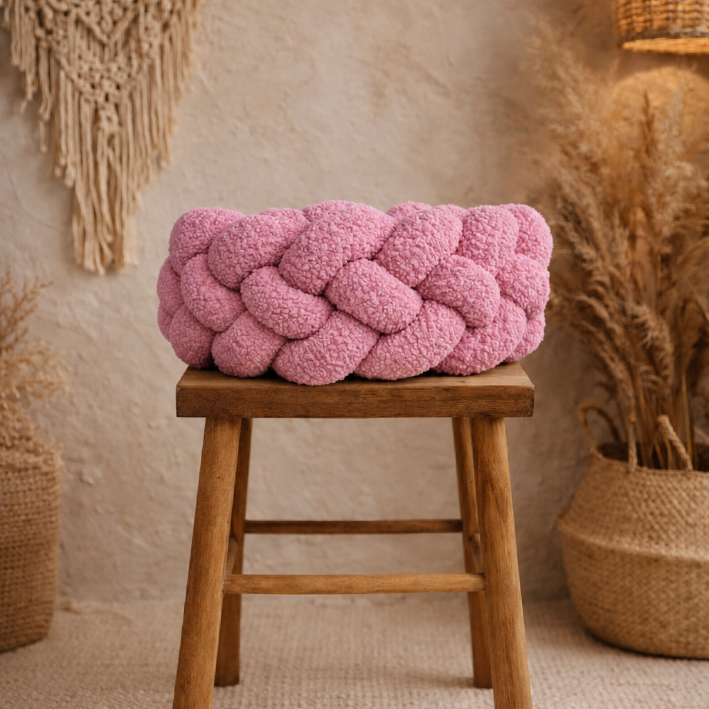 A pink chunky knitted cushion resting on a wooden stool in a rustic, boho-style room with a macrame wall hanging and a woven lamp.