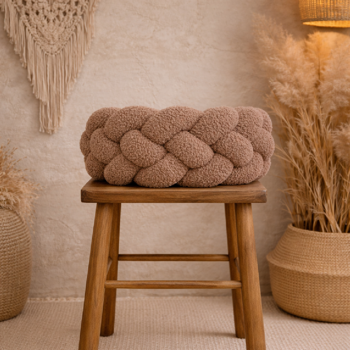 A round, chunky knotted pouf cushion in a warm taupe-brown color sits on a wooden stool in a cozy, bohemian-style room decorated with a macrame wall hanging, a woven lamp, and pampas grass.