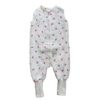 Baby Natur white muslin sleep sack with all-over red cherry print and ribbed cuffs. Sleeveless design with front zipper.