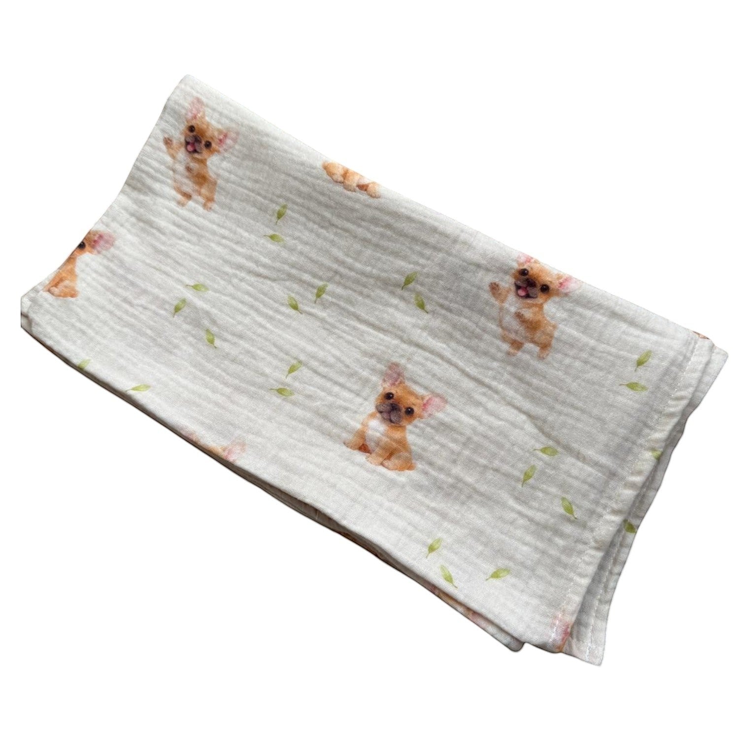 Baby NaturStandard tetra diaper made of 100% cotton with a cute French bulldog and leaf print. Muslin fabric.