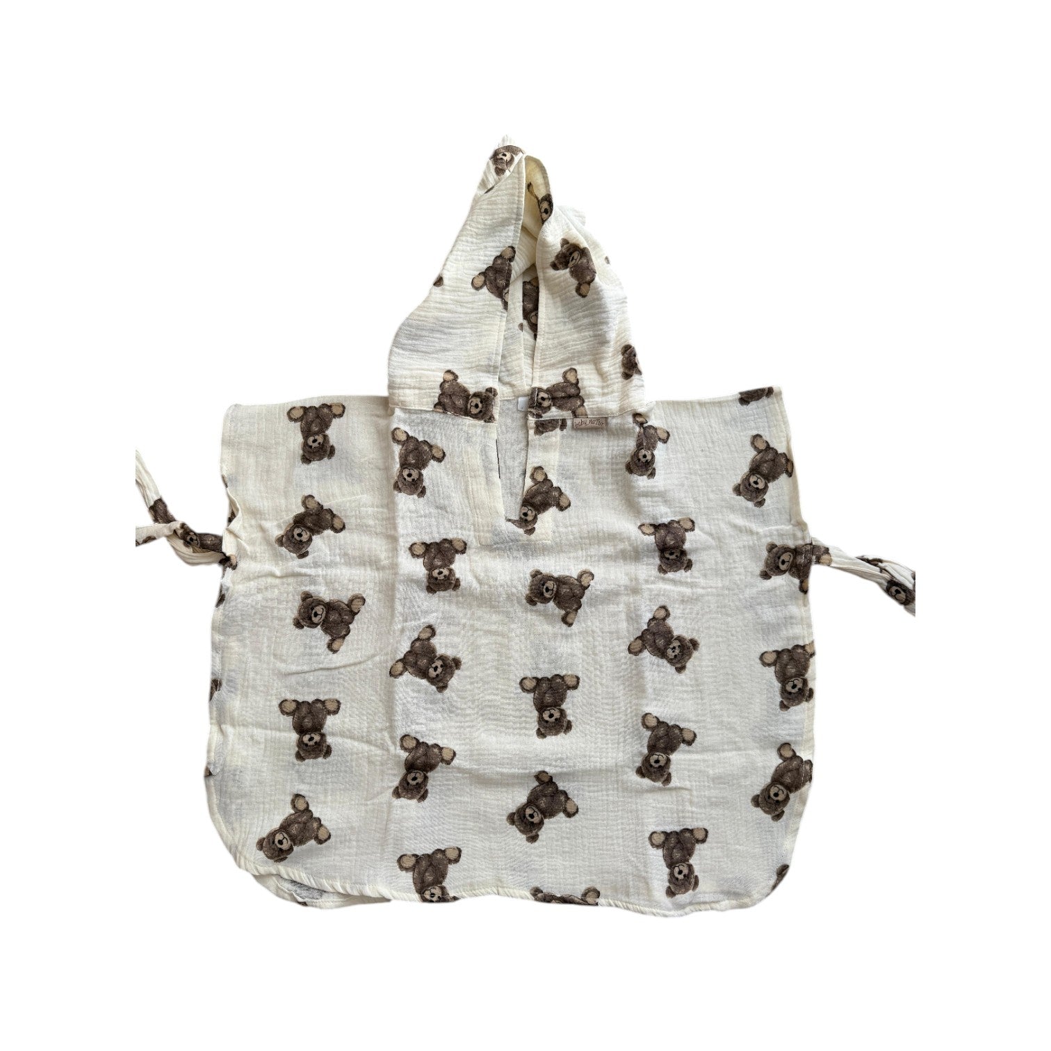 Baby Natur muslin poncho with teddy bear print, hooded, for babies and children.