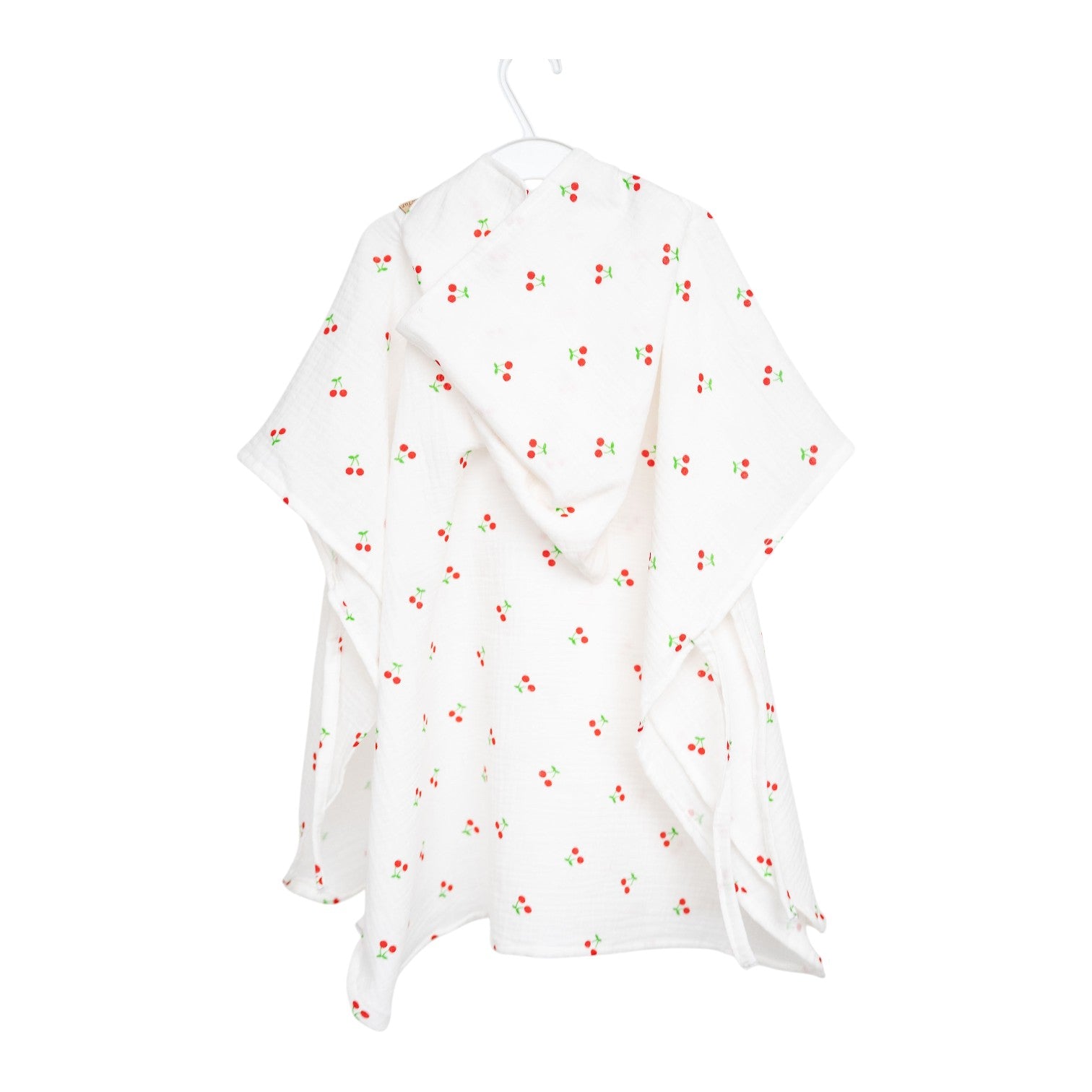 Baby Natur white muslin hooded poncho with red cherry print. Perfect for babies and toddlers.